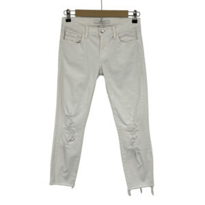 J Brand White Denim Distressed Raw Hem Low-Rise Demented Cropped Jeans Size 25